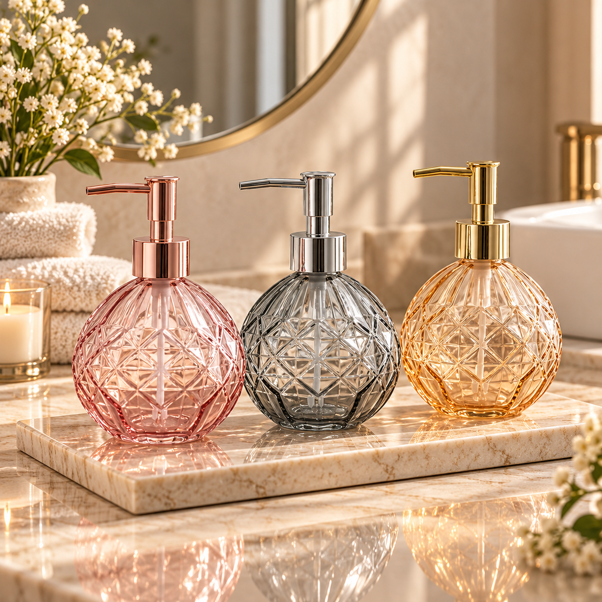 LuxeLather Vintage Diamond Glass Soap Dispenser – 300ml