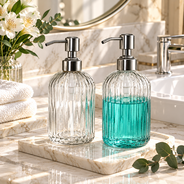 LuxeLather Classic Ribbed Glass Soap Dispenser – 400ml